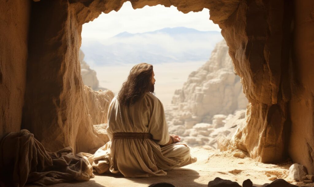Imagen de Jesús de espaldas sentado en la entrada a una cueva en Jerusalem