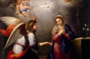 Imagen del arcángel Gabriel anunciándole a María la voluntad de Dios. Los ángeles y el espíritu santo observan desde arriba.